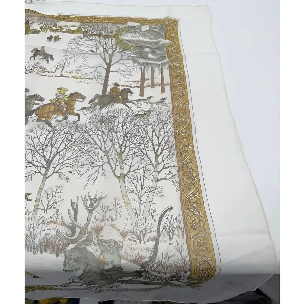 Hermes Extremely Rare 100% Silk Mirrored Image Hunt Scene Sheer Large Cape Shaw